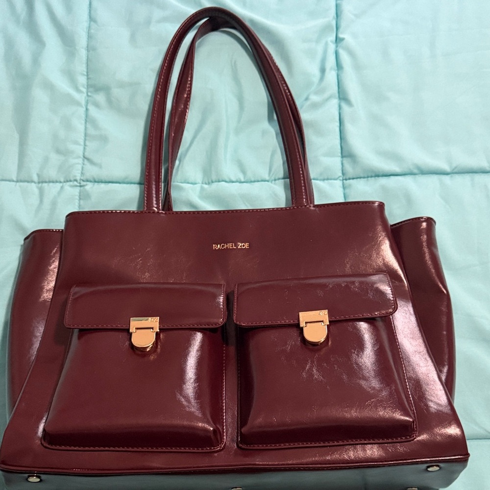 Rachel Zoe Maroon Patent Leather Tote with Front Pocket Details